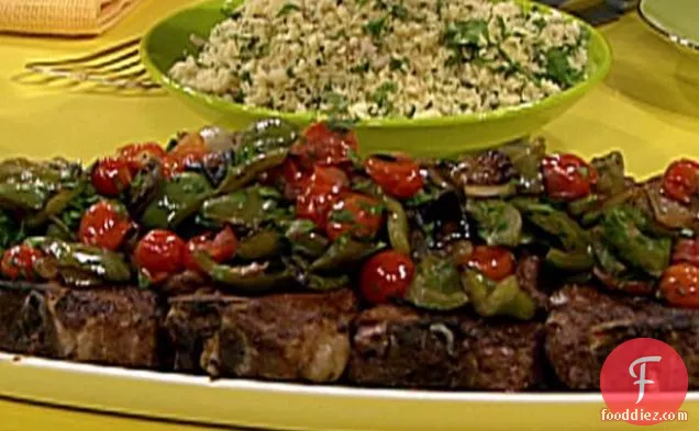 Spiced Lamb Chops on Sauteed Peppers and Onions with Garlic and Mint Couscous