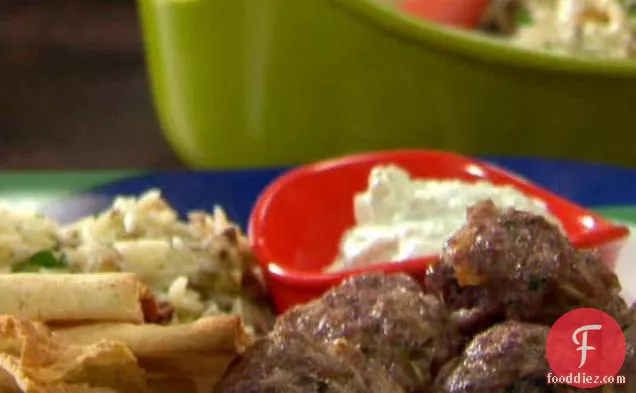Greek Meatballs with Tzatziki and Orzo with Feta and Walnuts