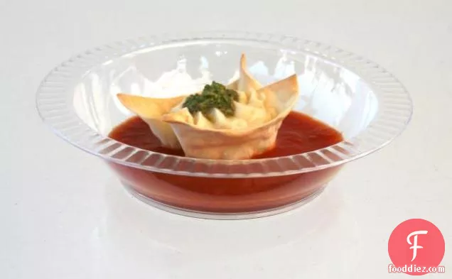 Cheese Mousse in a 'Cone' with Spicy Tomato Sauce and Arugula Pesto