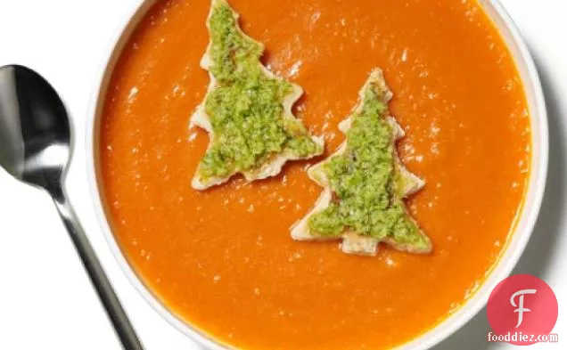 Roasted Red Pepper Soup With Broccoli Pesto Trees