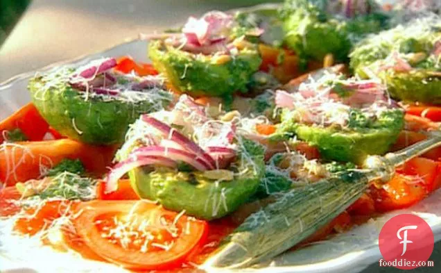 Grilled Avocado, Tomato, Red Onion Salad