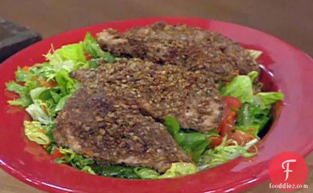 Pecan Crusted Chicken over Field Greens with Caramel Citrus Vinaigrette