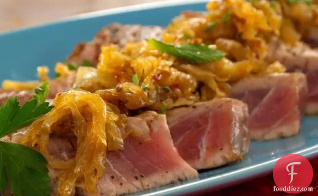 Grilled Tuna with Caramelized Onions, Cinnamon and Mint