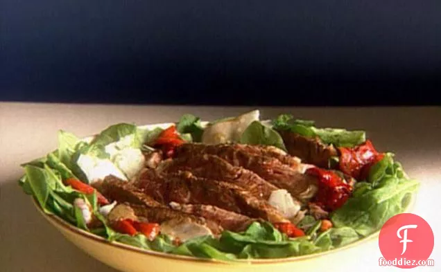 Seared Rib-Eye Steak with Arugula and Roasted Pepper Salad