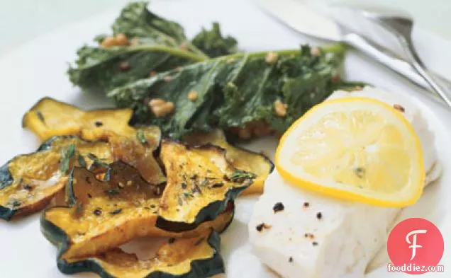 Steamed Halibut with Kale and Walnuts