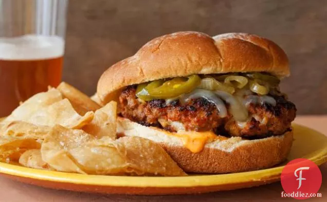 Latin Burgers with Caramelized Onion and Jalapeno Relish and Red Pepper Mayonnaise