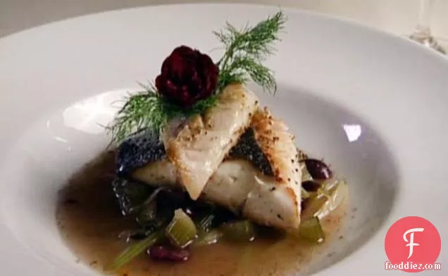 Pacific Halibut with Caramelized Fennel, Black Olives, Orange Zest, and Dill
