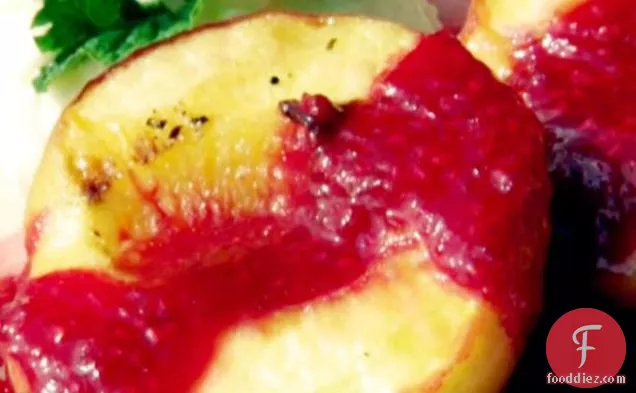 Grilled Peaches with Raspberry Sauce and Lemon Cream
