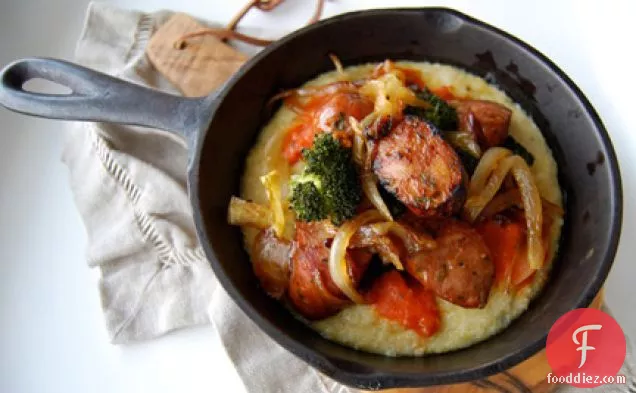Chicken Sausage With Caramelized Onion, Broccoli And Cheesy Grits