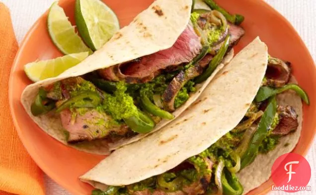 Sunny Anderson's Steak Fajitas with Chimichurri and Drunken Peppers