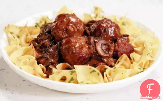 Veal and Pork Meatballs with Mushroom Gravy and Egg Noodles