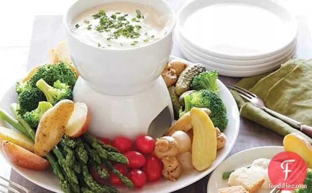 Easy Cheesy Fondue with Fingerling Potatoes, French Bread and Select Vegetables