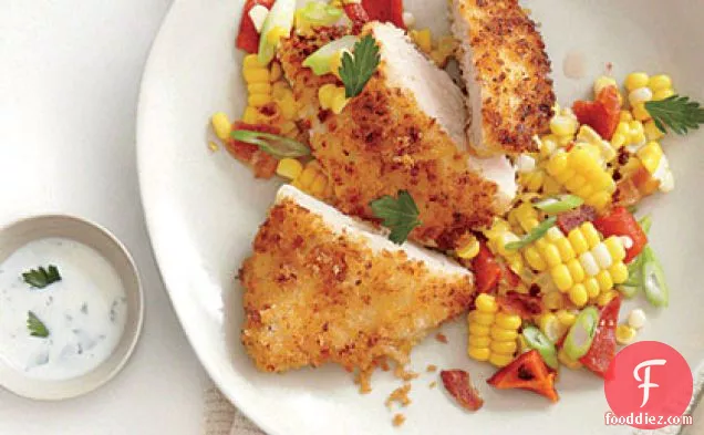 Panko-Crusted Chicken with Roasted Corn Hash and Buttermilk Dressing