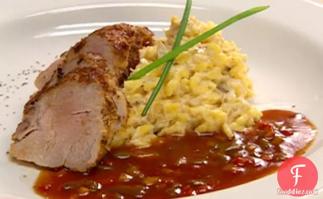 Tenderloin of Pork Hongroise with Crab Risotto and Tri-Pepper Sauce
