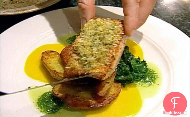 Horseradish-crusted Chinook Salmon with Braised Greens and Roasted New Potatoes
