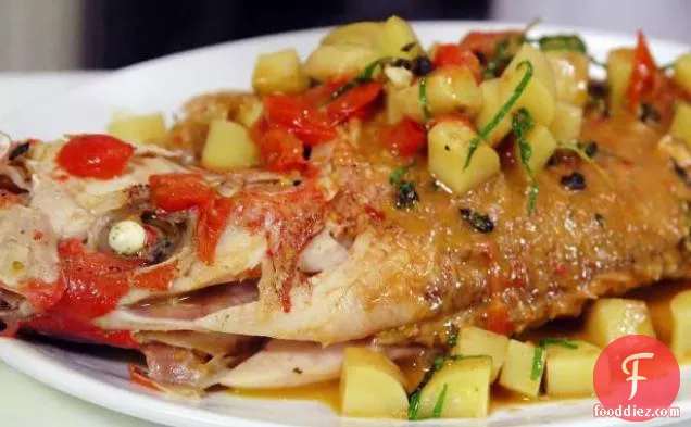 Moist Roasted Whole Red Snapper with Tomatoes, Basil and Oregano