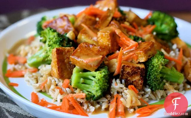Soy-mirin Tofu Over Rice With Broccoli And Peanut Sauce