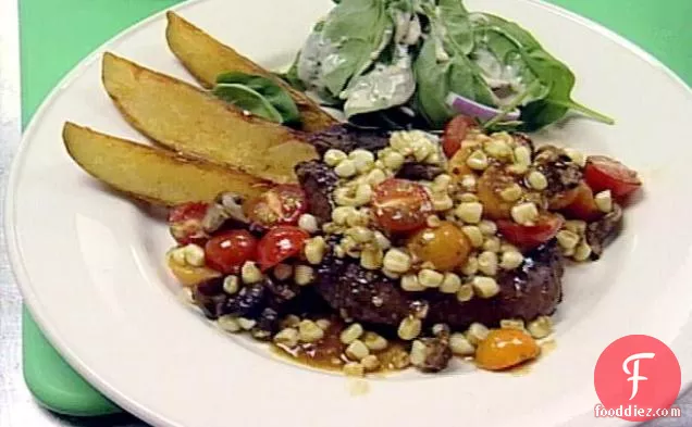 Grilled Sirloin Steak with Summer Vegetable Ragout and Steak Fries