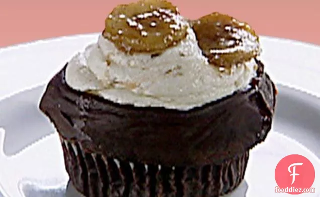 Gilbert Ganache-fried Cupcakes: Chocolate Seltzer Cupcakes with Ganache, Banana Frosting, and Caramelized Banana