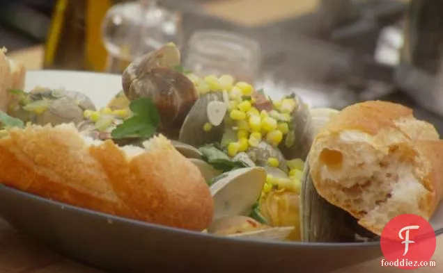 Steamed Littleneck Clams with Sweet Corn and Basil