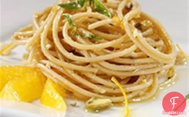 Whole Grain Spaghetti with Mixed Nuts Pesto and Orange Peel