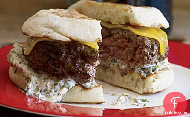 Beef-and-Lamb Burgers with Cheddar and Caper Remoulade