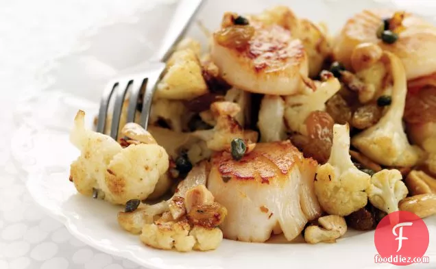 Seared Scallops with Cauliflower, Capers and Raisins