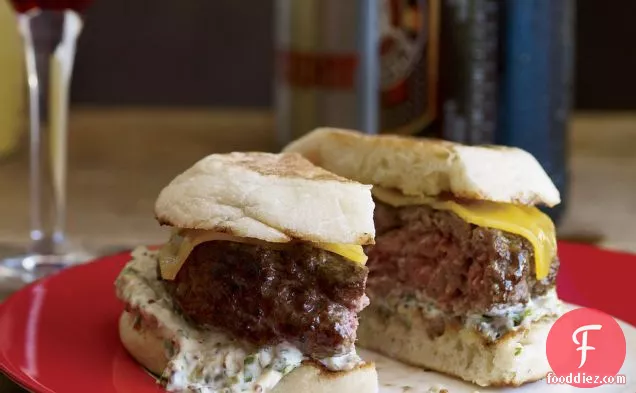 Beef-and-Lamb Burgers with Cheddar and Caper Remoulade
