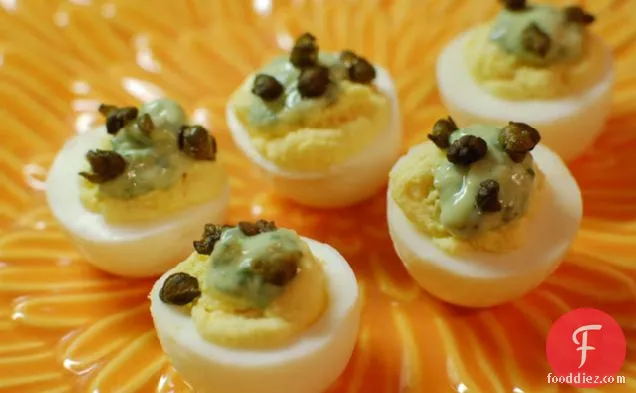 Deviled Eggs With Basil Aioli And Crispy Capers