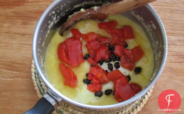 Soft Polenta With An Egg, Red Peppers, And Fried Capers