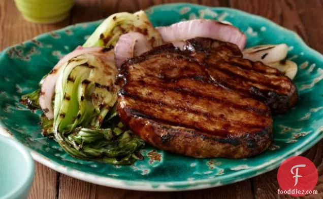 Grilled Korean-Style BBQ Glazed Pork Chops with Red Onions and Baby Bok Choy