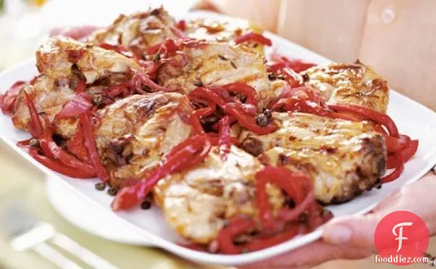 Grilled Chicken Thighs with Sweet Onions and Peppers