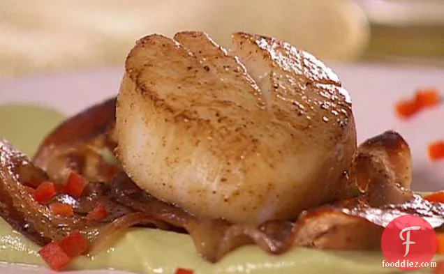 Seared Scallops with Pancetta over Avocado and Wasabi
