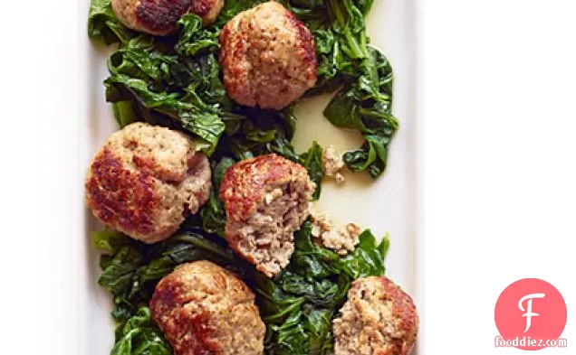 Giant Pork Meatballs with Bitter Greens