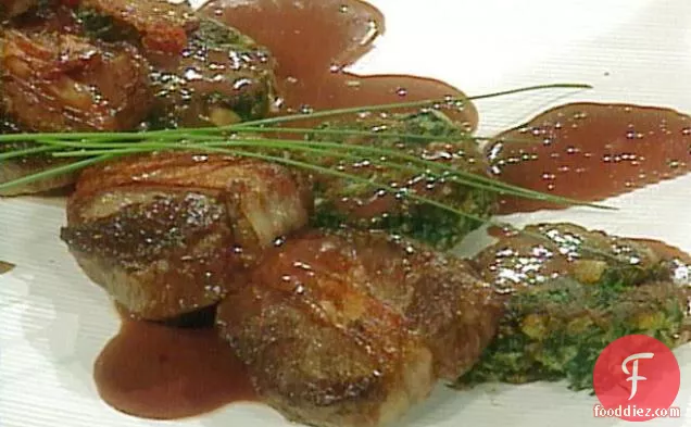Bacon Wrapped Beef Tenderloin Steaks with Spinach and Cheese Cakes