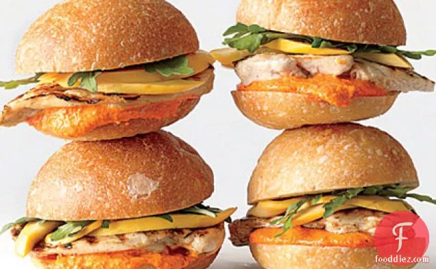 Grilled Chicken Sandwiches with Pickled Squash and Romesco Mayonnaise