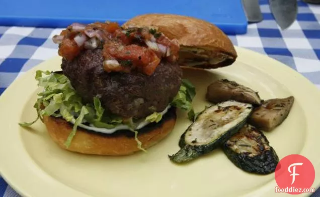 Cheese and Onion-Stuffed Burger with Grilled Tomato Chutney and Marinated Vegetables