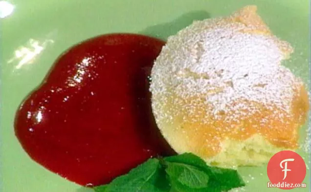 Lemon Pudding Cake with Raspberry Coulis