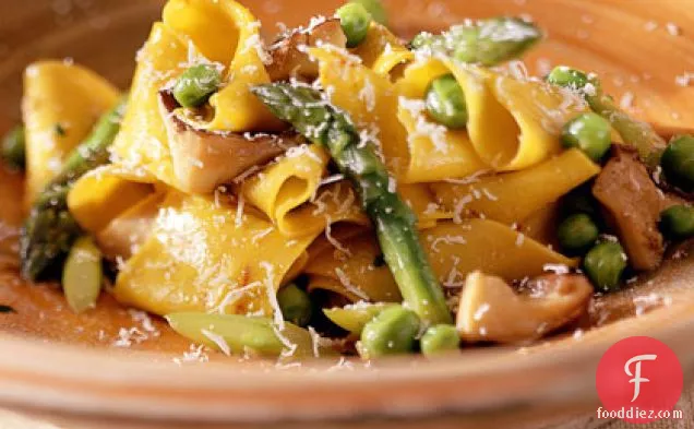 Homemade Pappardelle Pasta with Mushrooms, Green Peas, and Asparagus