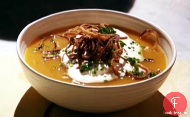 Butternut Squash Soup with Cinnamon Whipped Cream and Fried Shallots