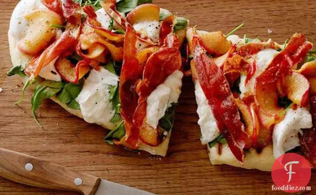 Grilled Summer Pizzette with Caramelized Peaches, Burrata, Arugula and Crispy Serrano