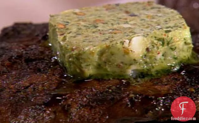 Grilled Flat Iron Steak with Pistachio Pesto Butter