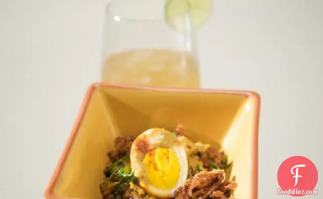 Coconut Egg Curry with Red Rice and Crispy Shallots