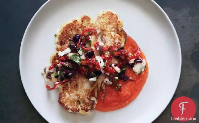 Cauliflower Steaks With Olive Relish And Tomato Sauce