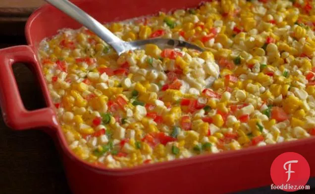 Fresh Corn Casserole with Red Bell Peppers and Jalapenos