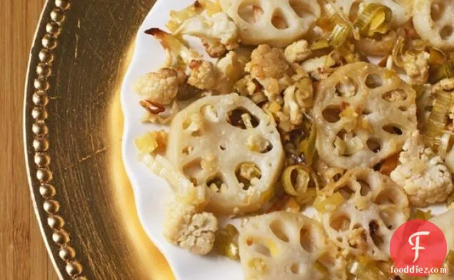 Agave Roasted Lotus Root, Leeks and Cauliflower inspired by Alicia Silverstone’s The Kind Diet