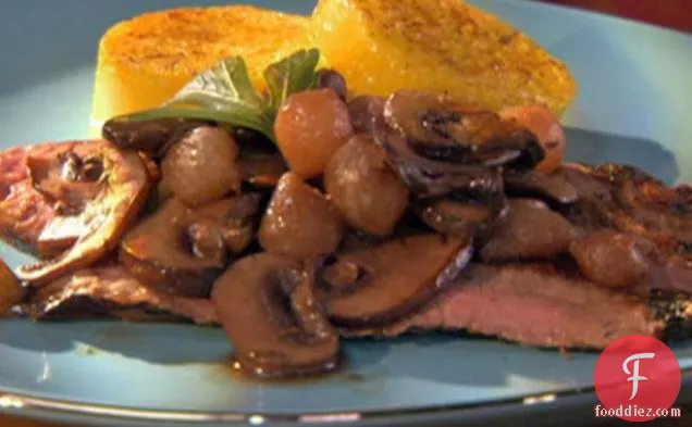 Flank Steak with Merlot Mushrooms and Pearl Onions over Toasted Polenta