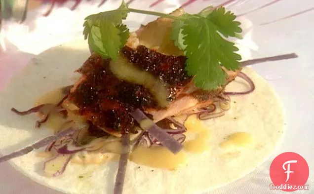 Sour Orange BBQ'd Salmon Taco with Red Cabbage Slaw and Smoked Chile Sauce