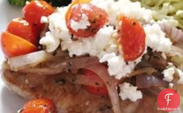 Pork Chops with Fresh Tomato, Onion, Garlic, and Feta