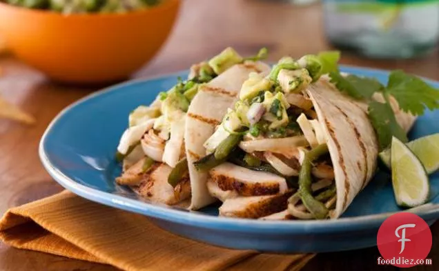 Spice-Rubbed Chicken Breast Tacos with Grilled Poblanos, BBQ Onions and Coleslaw